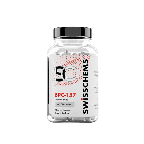 SwissChems bpc-157 peptide capsules in branded supplement bottle