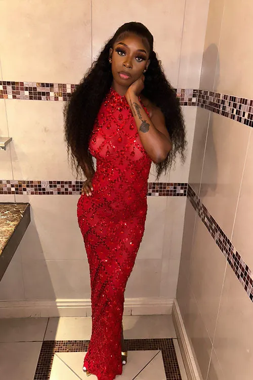 Amekana red rhinestone dress