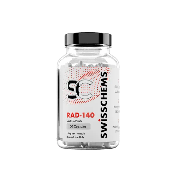SwissChems rad 140 SARM supplement in branded packaging