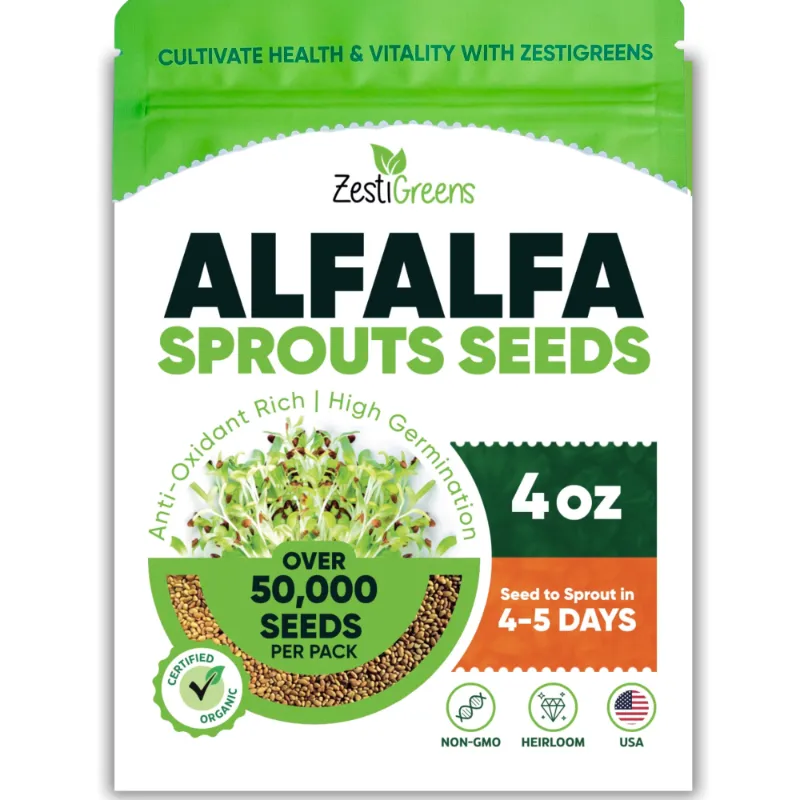 ZestiGreens alfalfa seeds in a pouch, perfect for sprouting fresh greens at home
