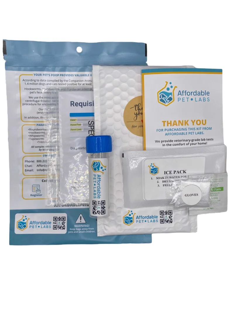 Affordable Pet Labs dog fecal test kit with collection vial and packaging