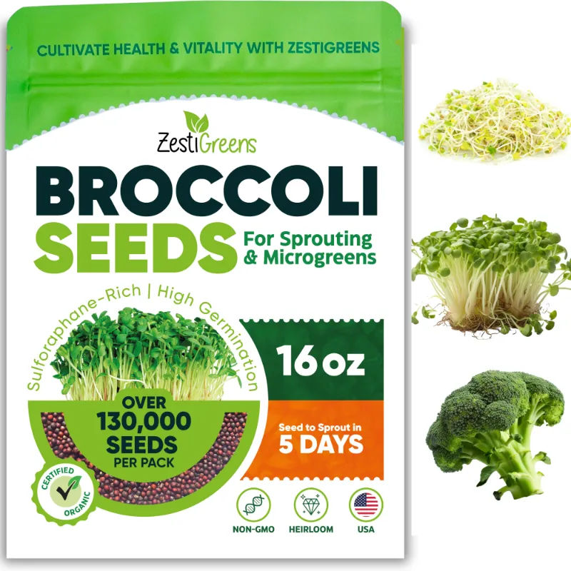 ZestiGreens organic broccoli seeds in a eco-friendly pouch