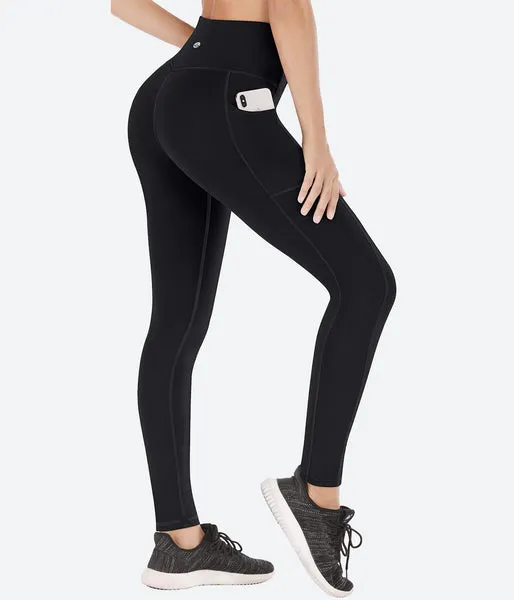 Heathyoga black leggings, a pair of form-fitting athletic leggings in solid black