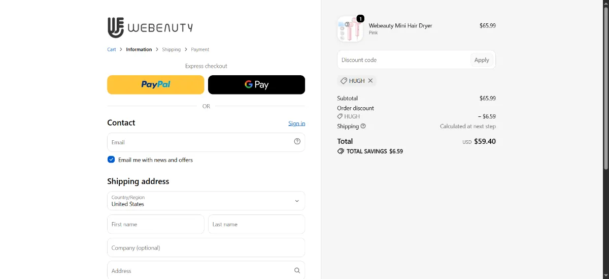 The Webeauty checkout, with the discount code box