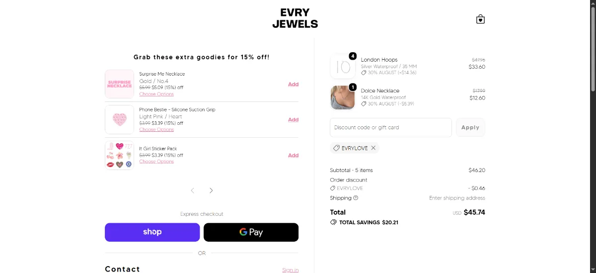 The Evry Jewels checkout, with the discount code box
