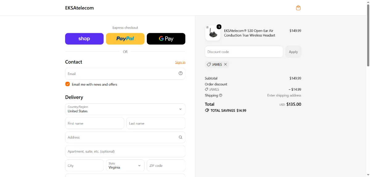 The EKSAtelecom checkout, with the discount code box
