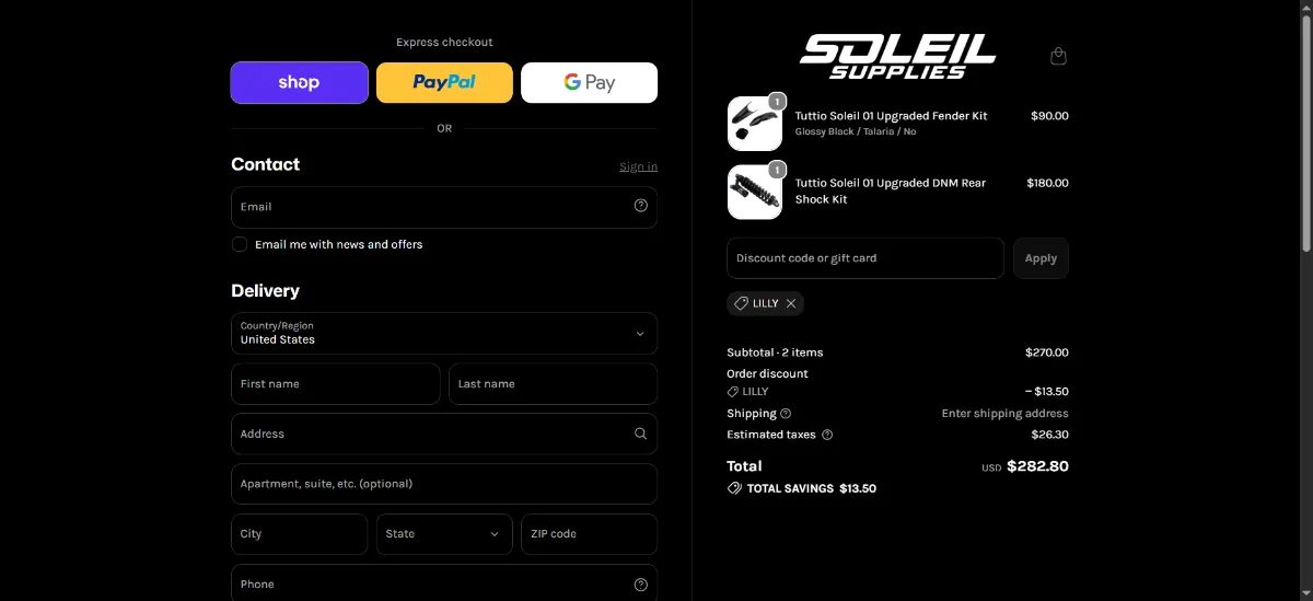 The Soleil Supplies checkout, with the discount code box