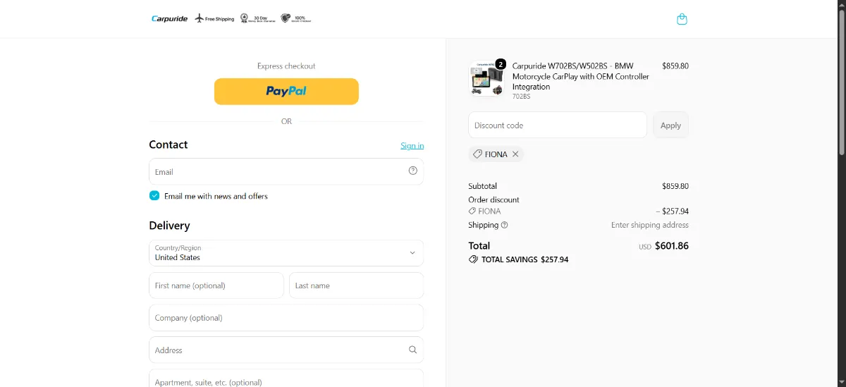 The Carpuride checkout, with the discount code box