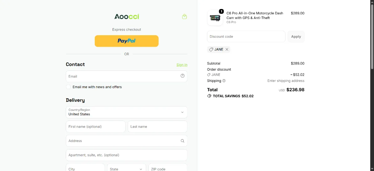 The Aoocci checkout, with the discount code box