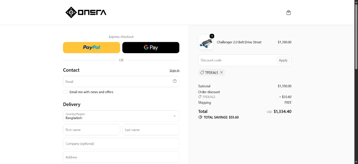 The ONSRA checkout, with the discount code box
