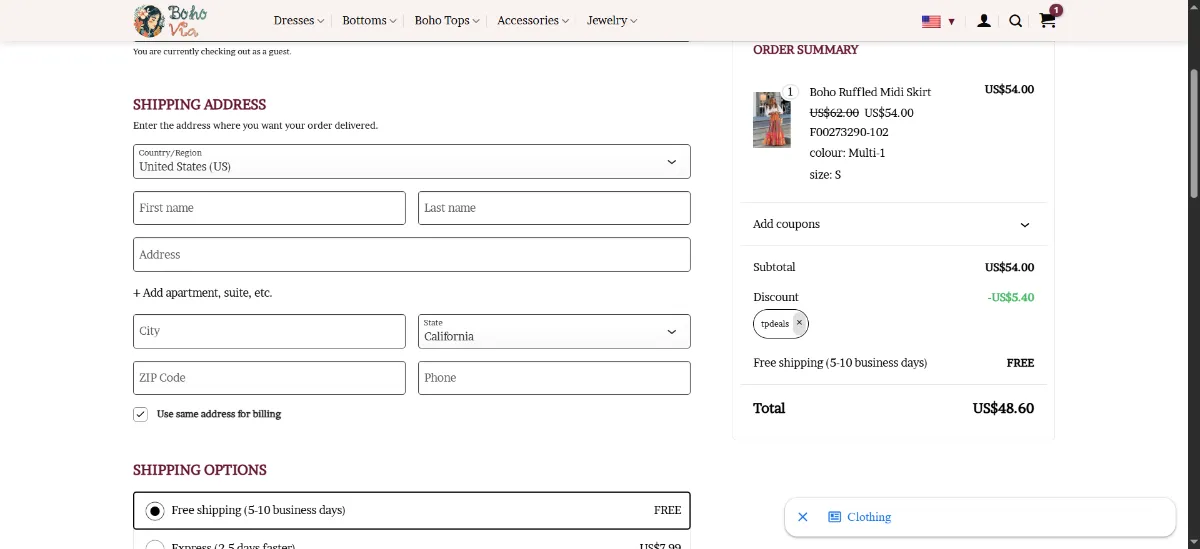 The Boho Via checkout, with the discount code box