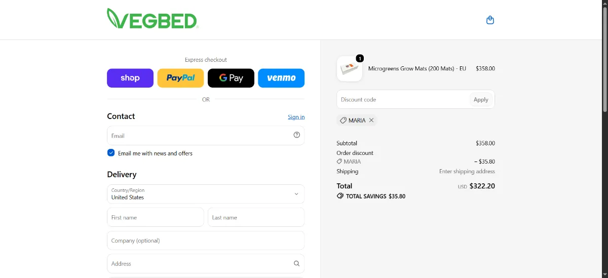 The Vegbed checkout, with the discount code box