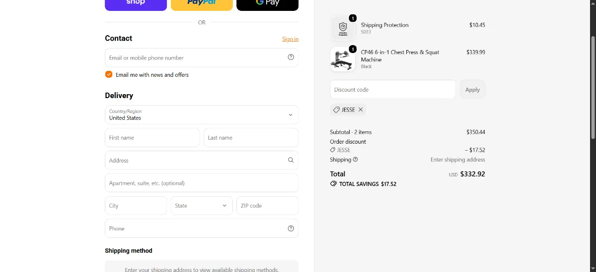 The Megastar Fitness checkout, with the discount code box
