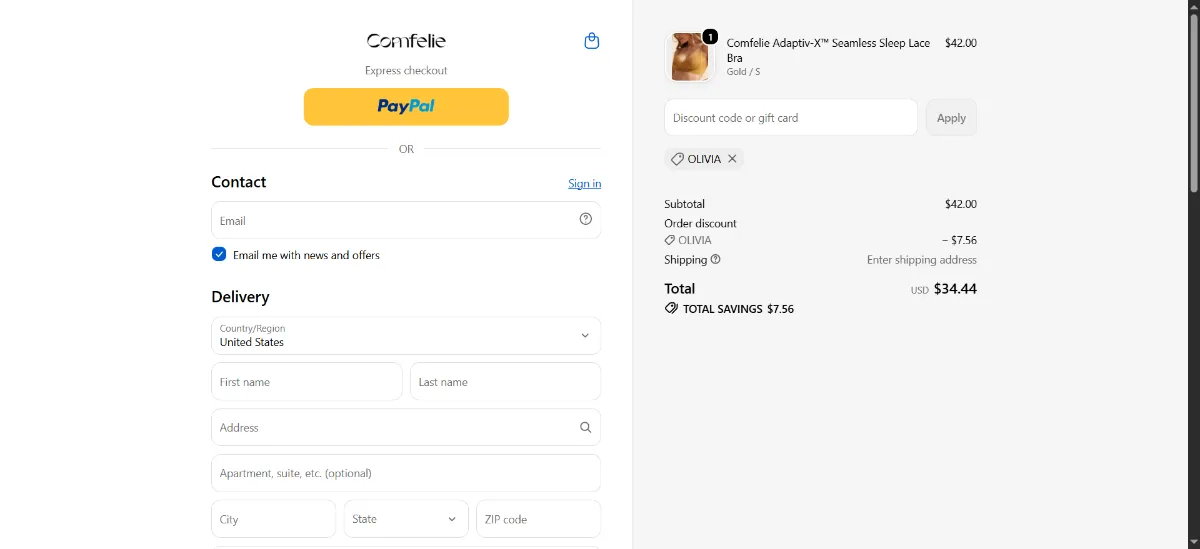 The Comfelie checkout, with the discount code box