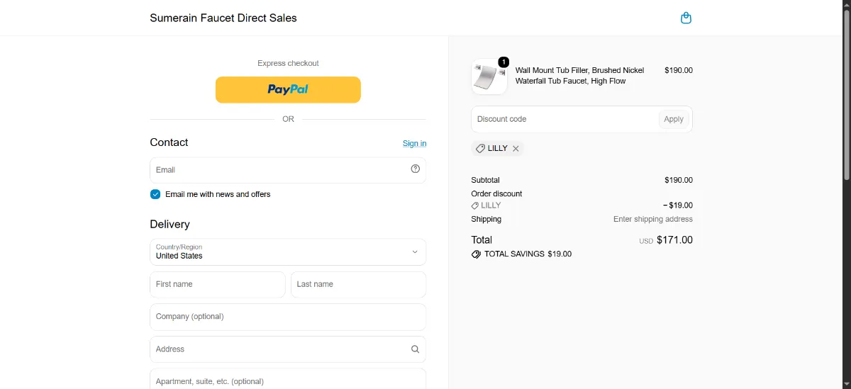 The Sumerain Faucet checkout, with the discount code box