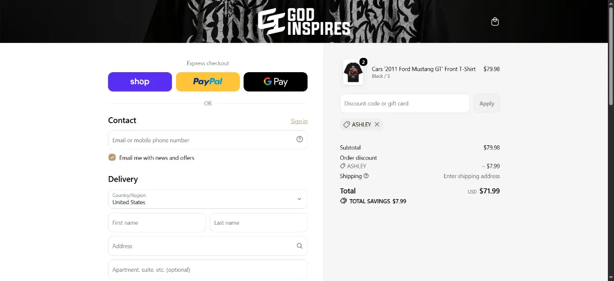 The God Inspires checkout, with the discount code box