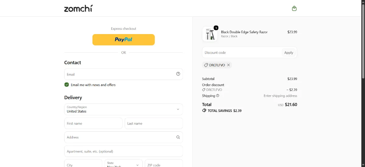 The ZOMCHI checkout, with the discount code box