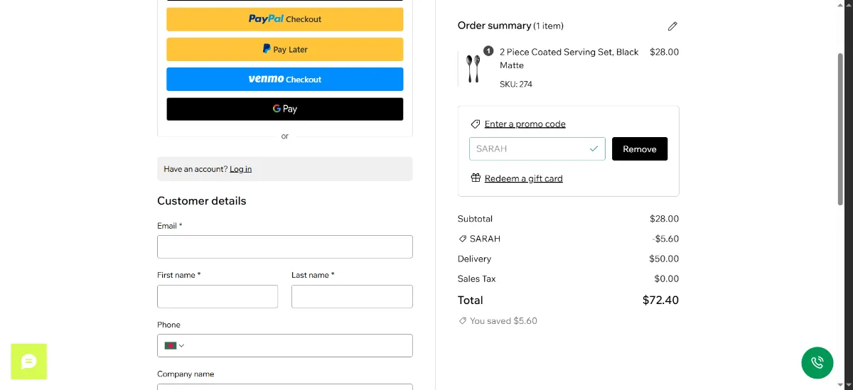 The Knork checkout, with the discount code box