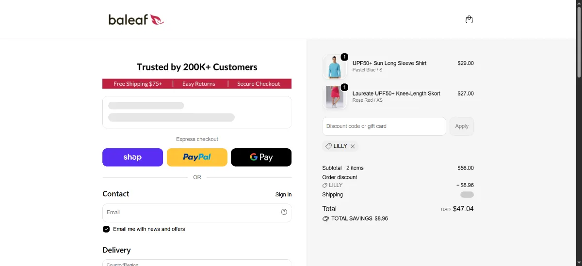 The Baleaf Sports checkout, with the coupon code box