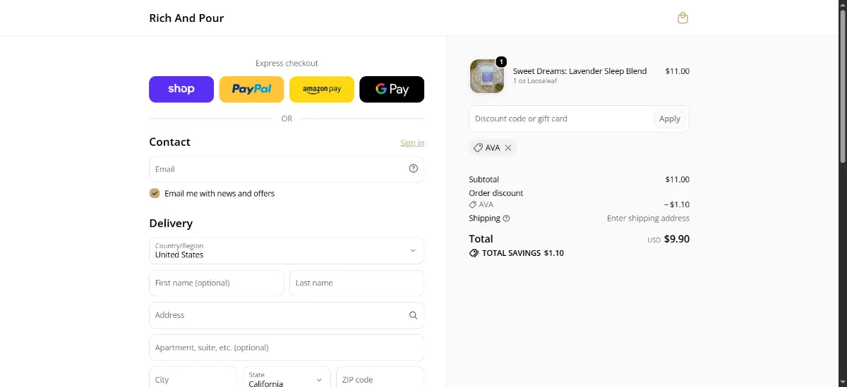 The Rich and Pour checkout, with the discount code box