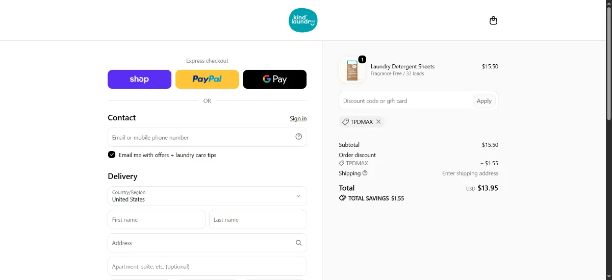 The Kind Laundry checkout, with the discount code box
