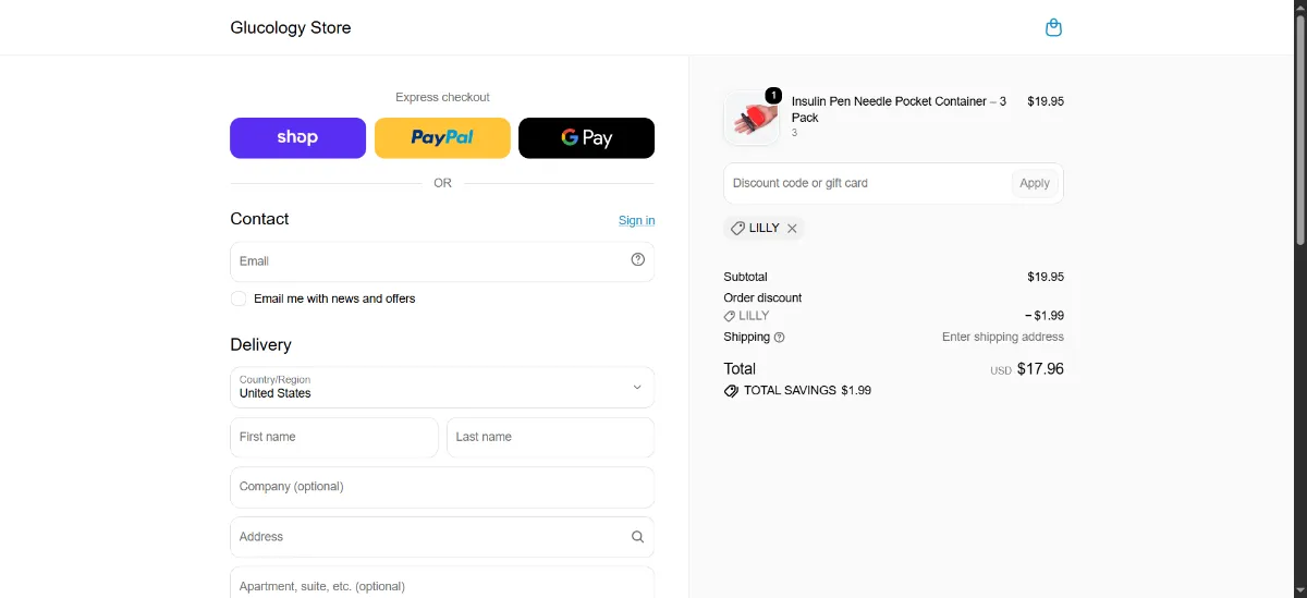 The Glucology checkout, with the discount code box