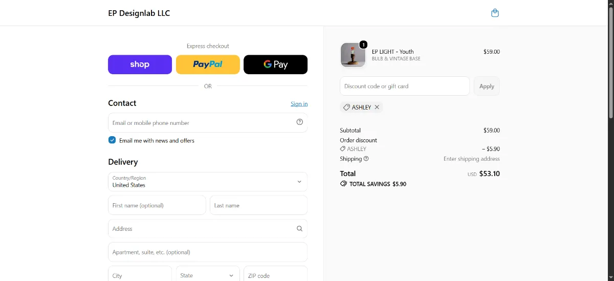 The EP LIGHT checkout, with the discount code box