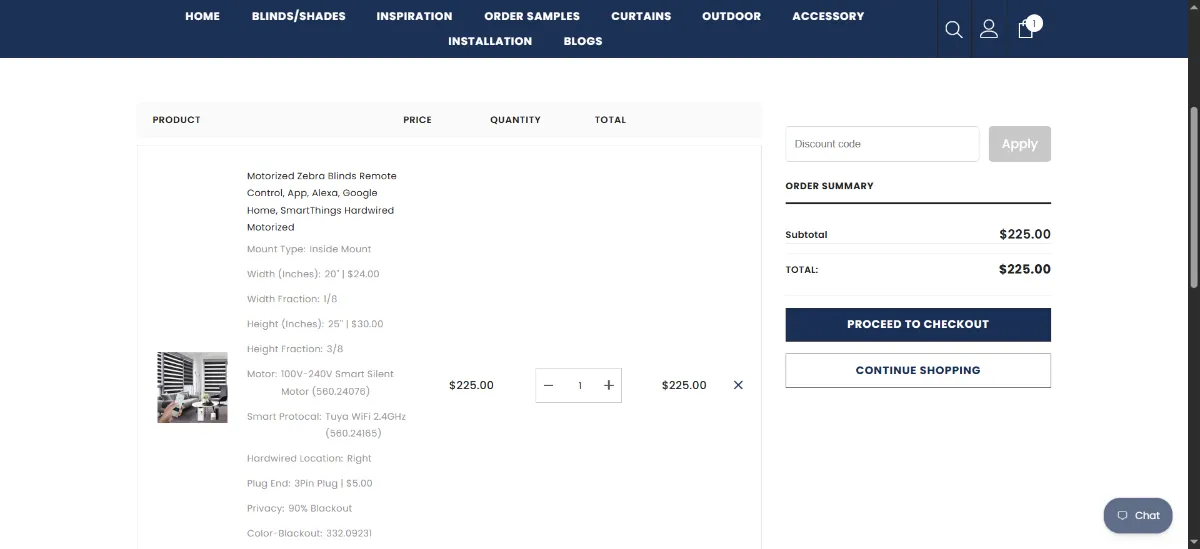 The iHomeBlinds cart