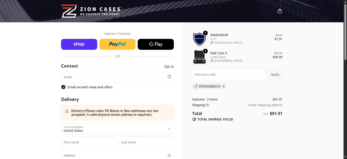 The Zion Cases checkout, with the discount code box