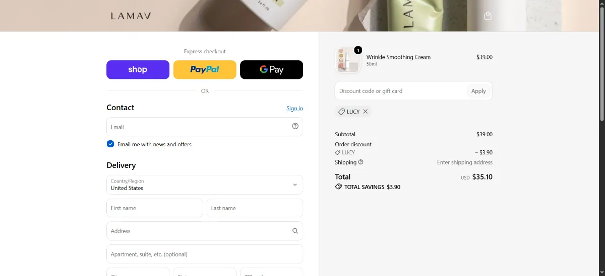 The LAMAV checkout, with the discount code box
