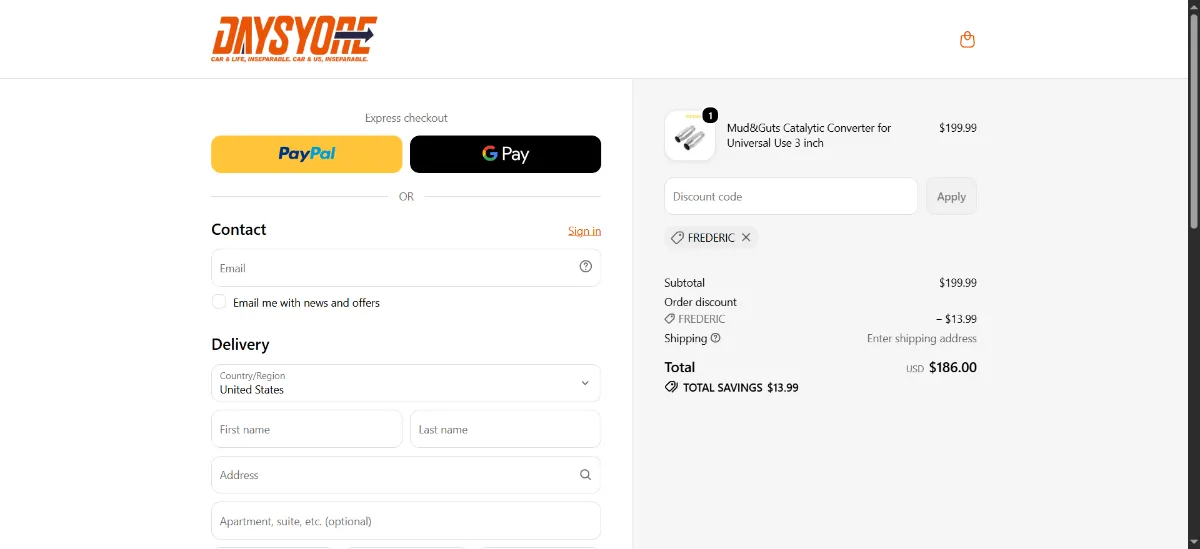 The Daysyore checkout, with the discount code box