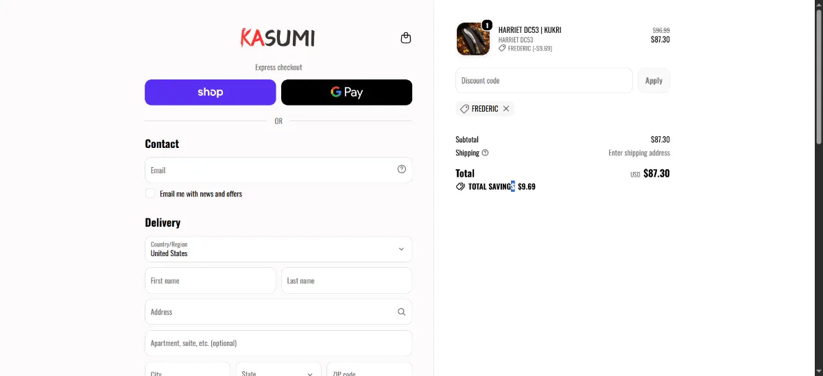 The Kasumi Knives checkout, with the discount code box