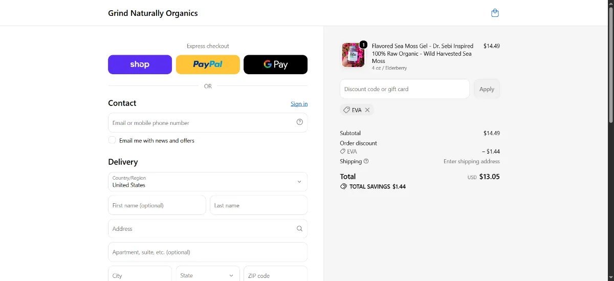 The Grind Naturally Organics checkout, with the discount code box