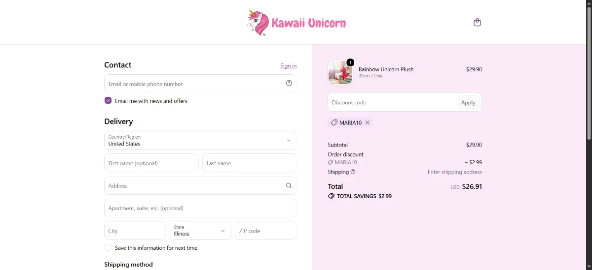 The Kawaii Unicorn checkout, with the discount code box
