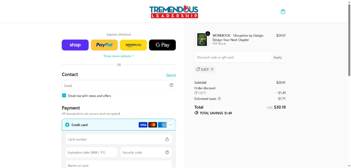 The Tremendous Leadership checkout, with the discount code box