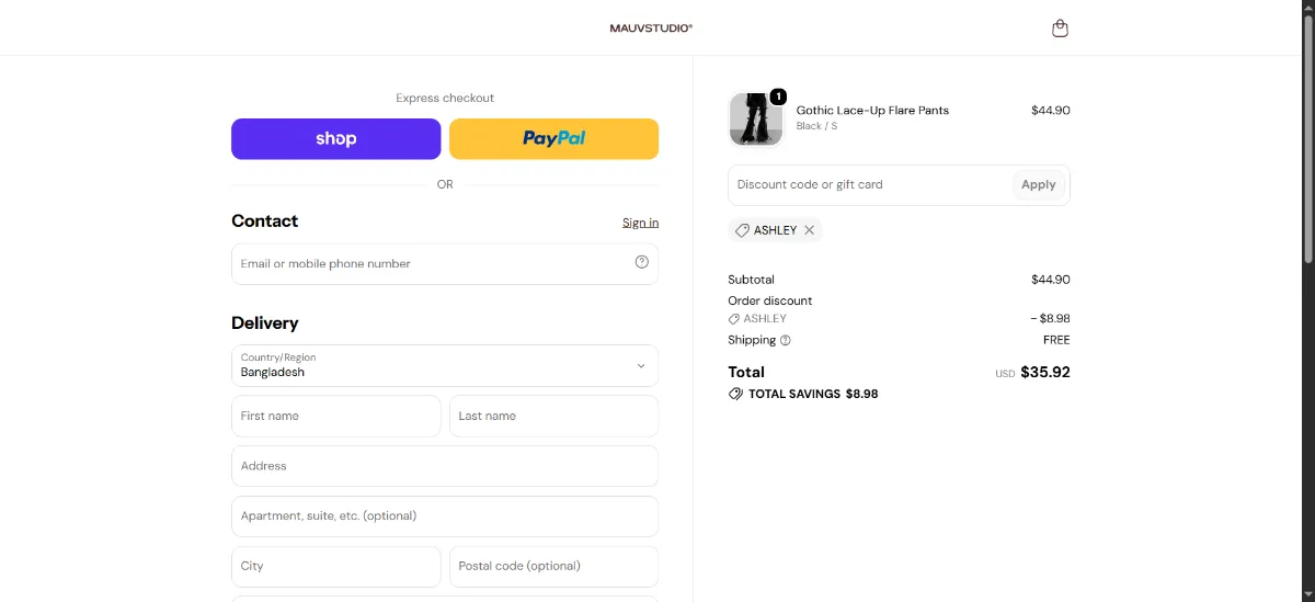 The Mauv Studio checkout, with the discount code box