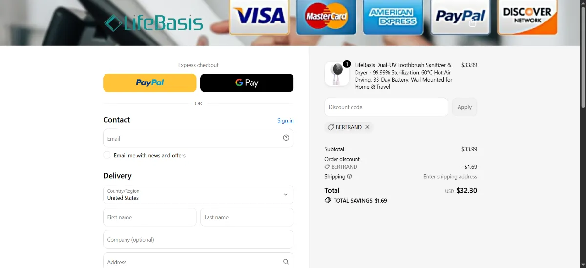 The LifeBasis checkout, with the discount code box