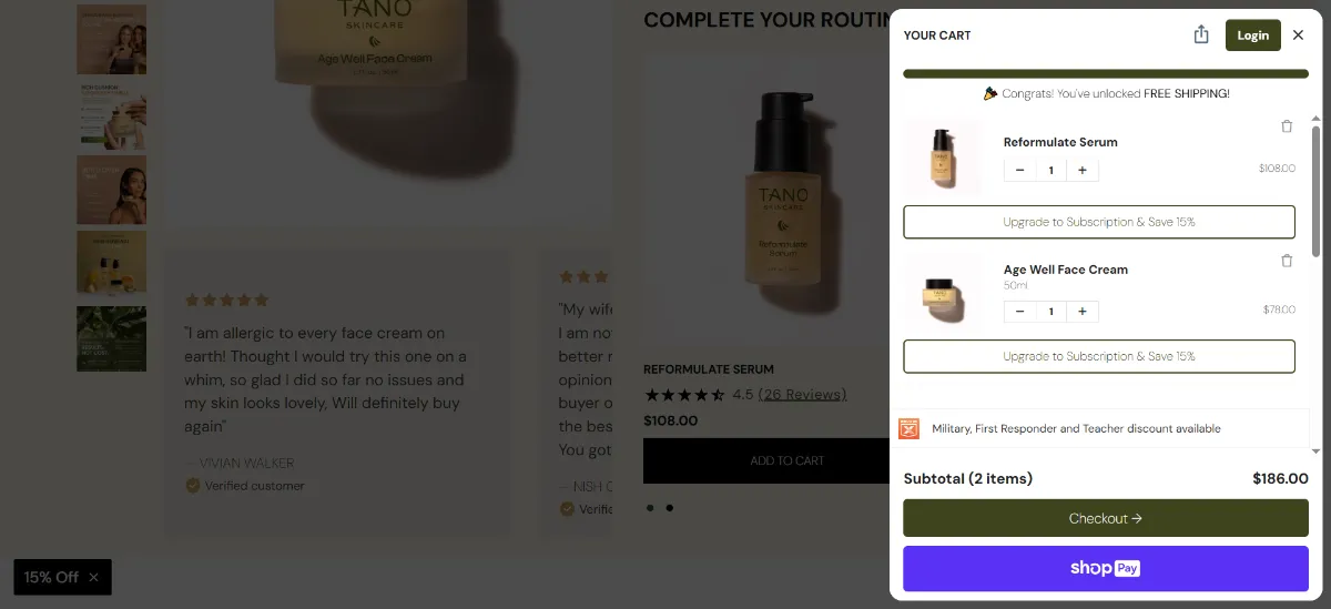 The Tano Skincare cart
