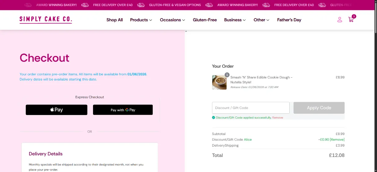 The Simply Cake Co checkout, with the discount code box