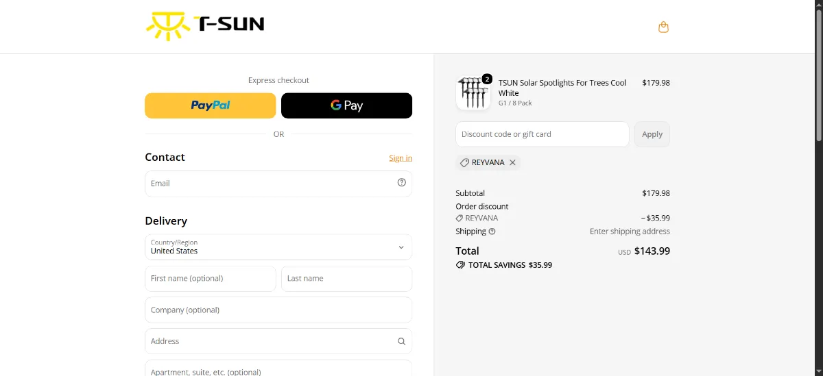 The T SUN Lighting checkout, with the discount code box