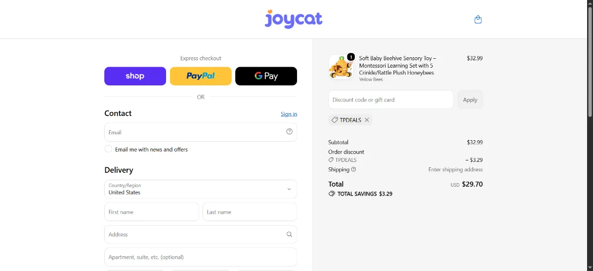 The JoyCat checkout, with the discount code box
