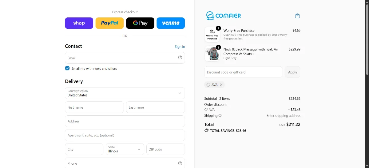 The Comfier checkout, with the discount code box