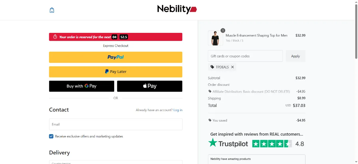 The Nebility checkout, with the coupon code box