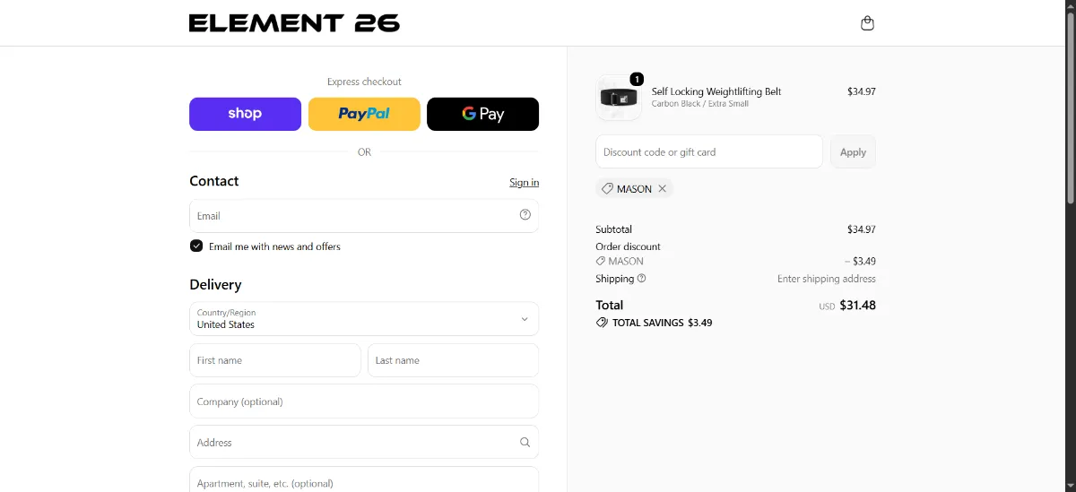 The Element 26 checkout, with the discount code box
