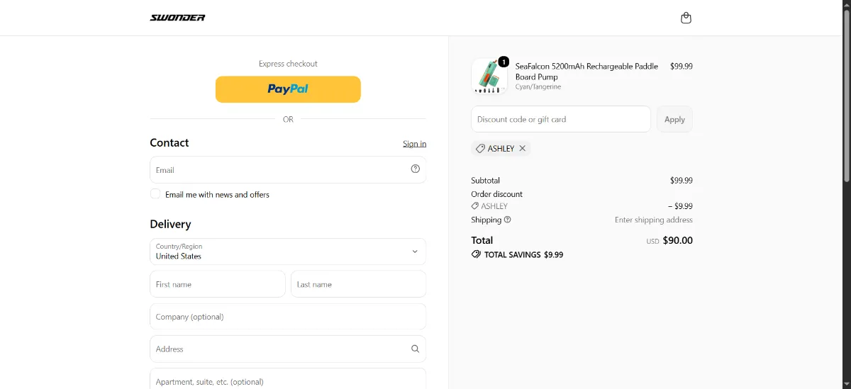 The Swonder checkout, with the discount code box