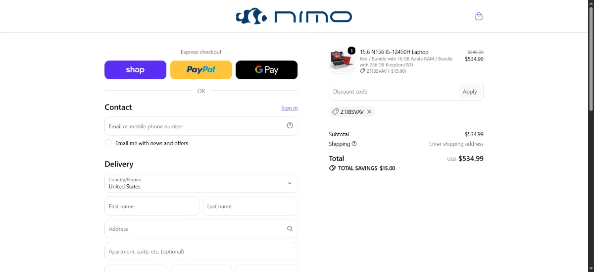 The Nimo PC checkout, with the discount code box