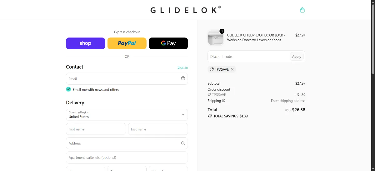 The GlideLok checkout, with the discount code box