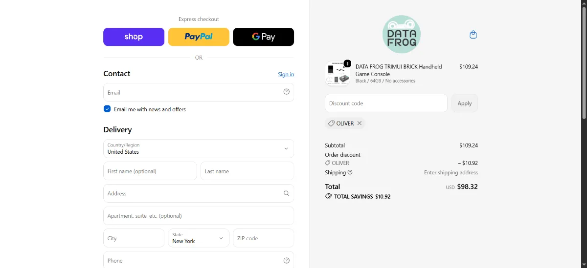 The DATA FROG checkout, with the discount code box