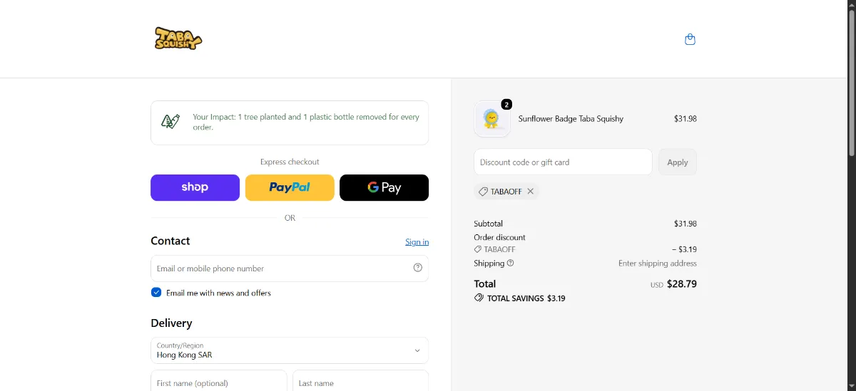 The TABASQUISHY checkout, with the discount code box