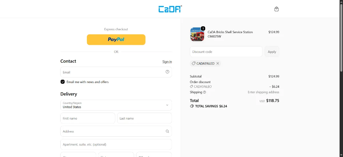 The CaDA Bricks checkout, with the discount code box